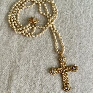 Gerard Yosca signed vintage pearl, crystal, cross rope necklace